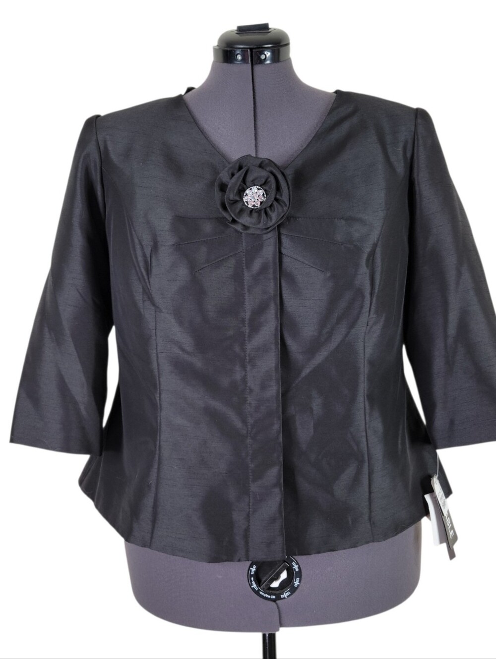 Le Bos Midi Dress Suit Set Size 16WP Black Satin Rhinestone Flower Lined New - Picture 3 of 14